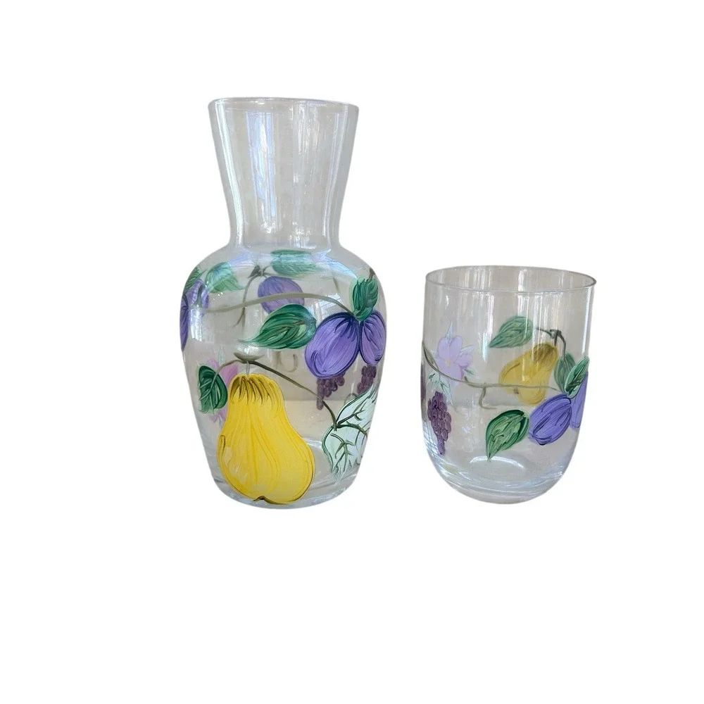 Vintage Hand Painted Floral Tumble Up Glass Bedside Water Carafe Set